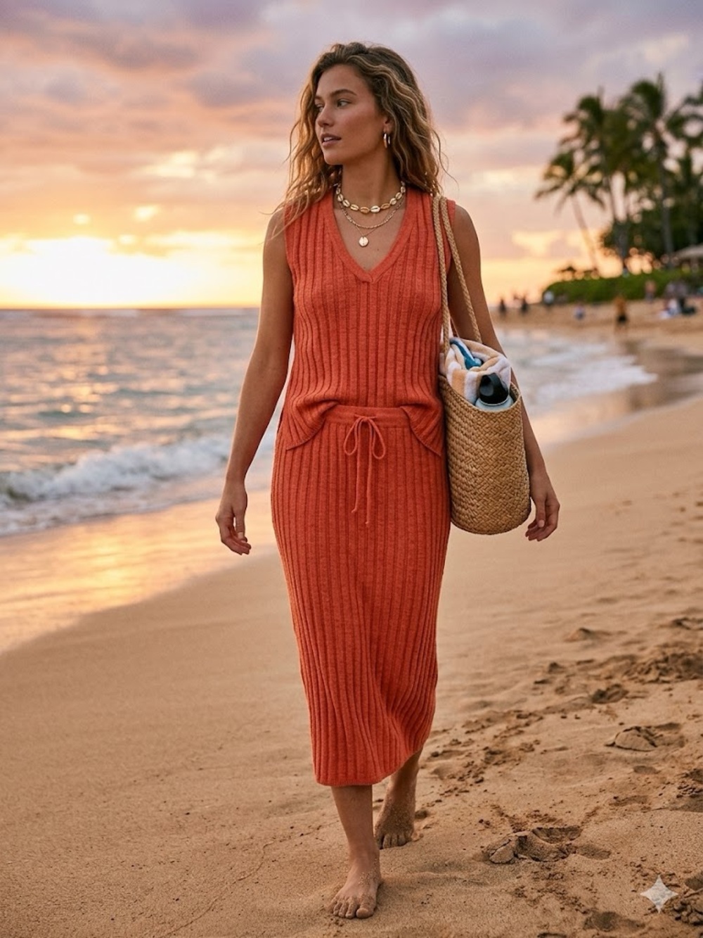 Free People Beach Women's Ribbed Knit Skirt Set in Orange Resort Wear